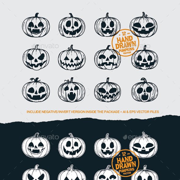 12 Hand Drawing Halloween Pumpkins Vectors