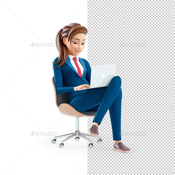 3D Cartoon Businesswoman Sitting in Chair with Laptop