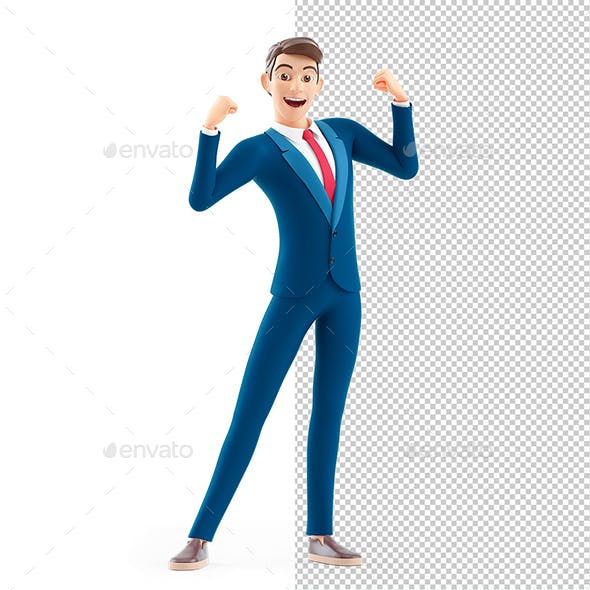3D Cartoon Businessman Flexing Arm Muscles