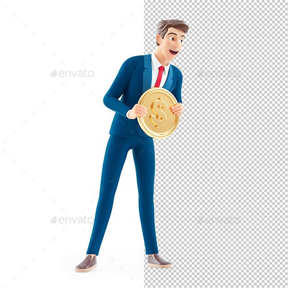 3D Cartoon Businessman Holding Gold Coin
